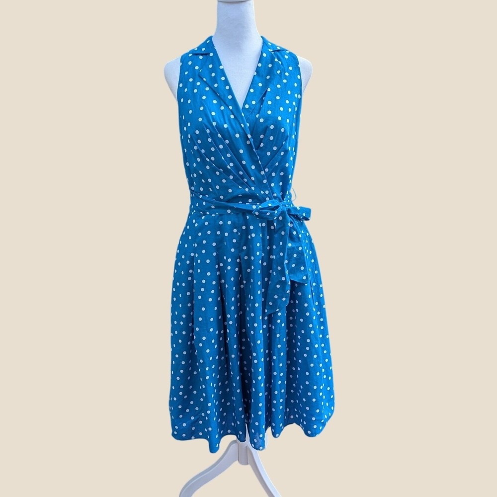Kasper Blue Polka Dot‎ Cotton Wrap Fit & Flare Dress Sleeveless Pleated Size 6